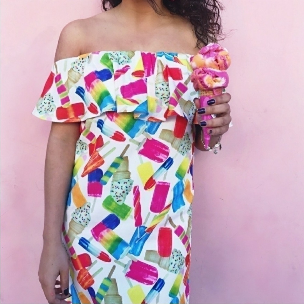 𝅺Tiff & Jen SMALL Ice Cream Ruffle off Shoulder Dress Popsicle Summer cold